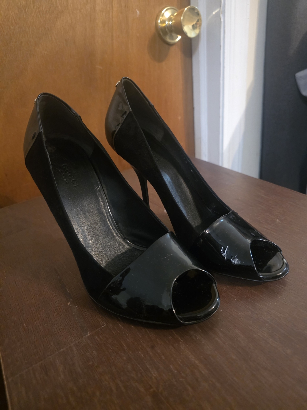 Gucci Black Patent Leather Peep-Toe Stiletto Heels